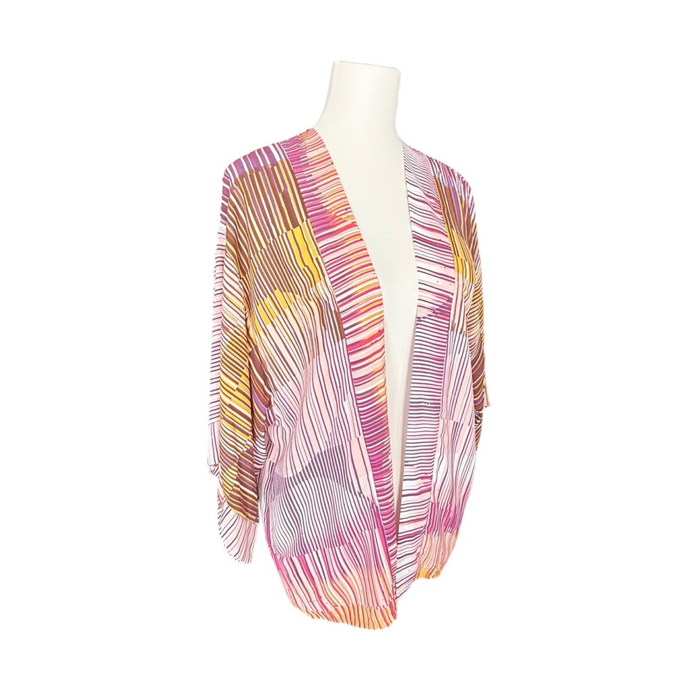 Cabi Womens Small Pink Purple Yellow Geometric Stripe Open Front Kimono Cardigan